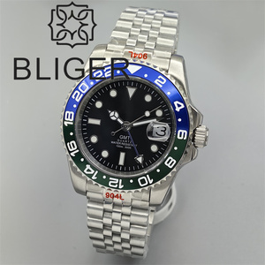 BLIGER 40mm <span class=keywords><strong>GMT</strong></span> Reloj para hombre Bisel de cerámica Cristal de zafiro Esfera luminosa 10Bar Cristal de zafiro resistente al agua Acero inoxidable Glideclas - Product Image 6