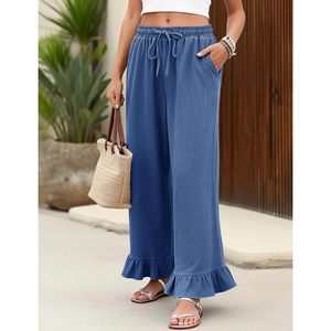 FOXA Womens Cotton Linen Palazzo Pants Wide Leg Ruffled Drawstring High Waist With Pockets Casual <b>Harem</b> Lounge <b>Trouser</b> - Product Image 3