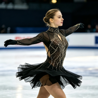 Robe de patinage artistique noire scintillante avec strass, col montant, manches longues en maille, pour enfants et adultes, compétition et spectacle