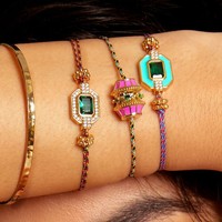 Bracelet en Corde Tressée Vintage Coloré Plaqué Or 18K avec Breloque Florale en Cuivre Émaillé, Bracelets Ajustables pour Femmes – Vente en Gros