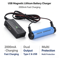 Chargeur de batterie Li-ion magnétique Type C 3,7 V 2000 mA à charge rapide avec double port USB pour cellules 26800 et protection contre l'inversion de polarité