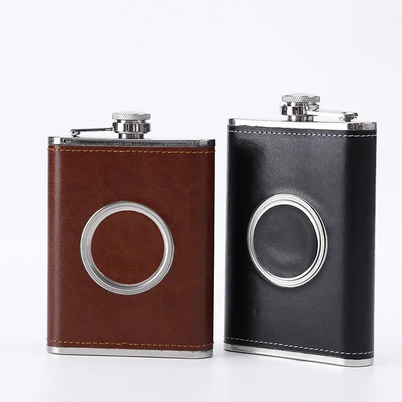 8OZ Cuir Liqueur Whisky Alcool Flacon Vin Conteneur Portable En Acier Inoxydable Hip Flask