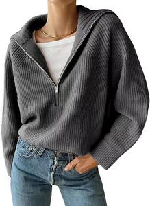 Women Casual Long Sleeve Half Zip Pullover Sweaters Solid V Neck Collar Ribbed Knitted Loose <strong>Slouchy</strong> <strong>Jumper</strong> Tops - Product Image 4