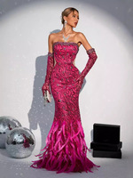 Robe de soirée haute couture 2024, nouvelle collection pour femmes, gants de luxe, élégante, strass, plumes, rouge rose, paillettes, sans bretelles