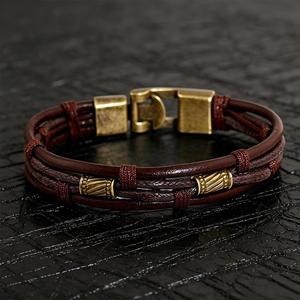 Men's Classic Braided Genuine <strong>Leather</strong> Bracelet Handmade Woven Multi-Layer Brown <strong>Leather</strong> Bracelet with Antique Bronze Clasp - Product Image 1