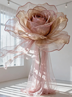 Rose géante en organza rose poudré avec longues franges en tulle, fleur artificielle faite à la main pour mariage et vitrine de boutique de vêtements