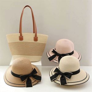 Conjunto de Dos Piezas de Bolso de Paja Tejida de Gran Capacidad para Mujer, Estilo Veraniego, con Sombrero de Paja para Playa - Product Image 3