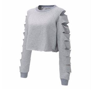 Sweat-shirt à capuche court pour femme, à manches longues, ajouré et déchiré - Product Image 4