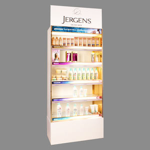 五层木地板展示架，带滚动底座和背板标牌，用于护肤化妆品零售店产品促销 - Product Image 3