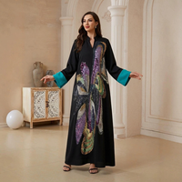 Robe longue Abaya de luxe noire vintage à col montant en polyester, broderie de perles et sequins colorés, pour la prière de l'Aïd et les fêtes