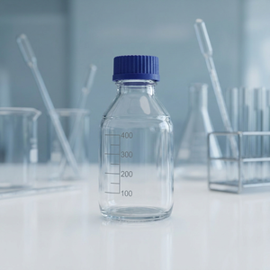 Frasco de reactivo de vidrio de boca ancha MAYALab con tapa de rosca azul, transparente y vacío - Product Image 1