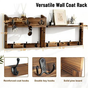 Wooden Wall Mounted Clothes Rack With <b>Hooks</b> And <b>Shelf</b> For Entryway Or Kitchen Organization - Product Image 4