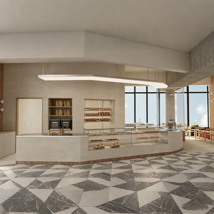<span class=keywords><strong>Comptoir</strong></span> de <span class=keywords><strong>service</strong></span> de boulangerie incurvé avec vitrine en verre et rangement ouvert, station de bar commerciale au look béton moderne - Product Image 2