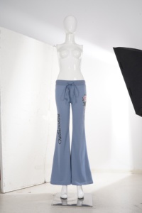 2026 New Women's Blue Flared Sweatpants Low Waist Drawstring Casual Trousers Floral Print Lettering Loose Fit Streetwear <b>Pants</b> - Product Image 6