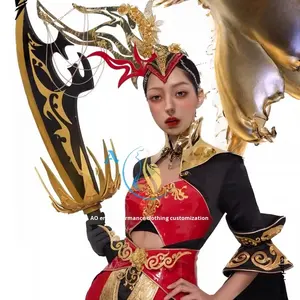 <span class=keywords><strong>Costume</strong></span> da Spettacolo Gogo Personalizzato di Alta Gamma ODM per la Festa di Metà Autunno, Motivo Drago Nuvola Oro Nero, Stile Cinese Heavy Metal per Donna - Product Image 3