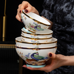 Bol en céramique plaqué or de haute qualité, ensemble de vaisselle en porcelaine fine, bol à riz haut de gamme pour la maison, bol à soupe et à dessert - Product Image 5