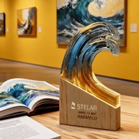 Trophée de récompense d'entreprise élégant et personnalisé en bois de hêtre gravé au laser avec glaçure de cristal haut de gamme Creative Wave pour équipe d'employés et courses sportives
