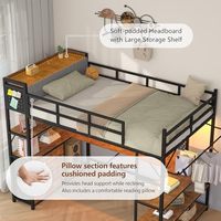 Lit superposé moderne pliable en métal taille double avec rangement, tête de lit, bureau en U, lumières LED, prise de courant, 4 tiroirs et échelle de sécurité