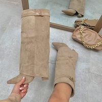 Bottes hautes pliables en daim pour femme avec talons épais personnalisés par le fabricant et décorations métalliques