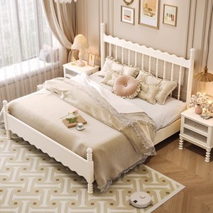 Light French Style <b>Solid</b> <b>Wood</b> 1.8M Double Bed Creamy Windsor Bed Platform Bedroom Furniture - Product Image 2