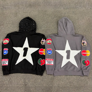 Personnalisé Lavé En Détresse Broderie Applique Patchwork Poids Lourd Français Teryy Strass Fermeture Éclair Boxy Sweat À Capuche Zip Up Pour Hommes - Product Image 2