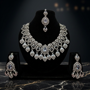 Indian Bridal <b>Silver</b> Plated CZ <b>Choker</b> Necklace Set Emerald Green & White Cubic Zirconia Heavy <b>Choker</b> with Earrings and Mang Tika - Product Image 2