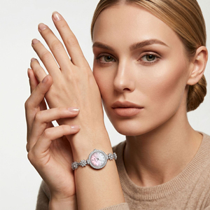 Montre pour femme en nacre rose avec bracelet serti de diamants et cadran dégradé - Product Image 4