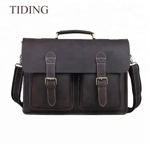 Factory Wholesale Custom Brand Logo Genuine Leather Messenger Satchel 14 Inch Laptop Bag Full Grain Leather Briefcase