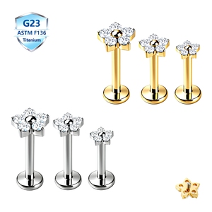 Piercing de lèvre tendance en titane ASTM F136, forme fleur, zircon, filetage interne, <span class=keywords><strong>tige</strong></span> à dos plat - Product Image 1