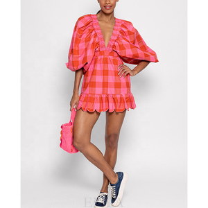 Enya Phụ Nữ Tùy Chỉnh Ngắn Ăn Mặc Lớn Màu Đỏ Màu Hồng <span class=keywords><strong>Gingham</strong></span> Mô Hình Tắt Vai Mini Ăn Mặc Giám Mục Tay Áo Chất Lượng Polyester Bông Ăn Mặc - Product Image 1