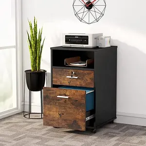 Rolling Wheels Modern Printer Stand Mobile File Cabinet with Lock and 2 Drawer Wood Letter Size Filing Cabinet for Home Office