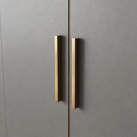 Armoire grise moderne autoportante avec coiffeuse, miroir LED, portes vitrées et poignées dorées pour suite d'hôtel