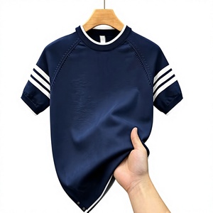 T-shirt décontracté pour homme bleu marine à manches courtes, coupe classique, col rond, en maille polyester/coton, écologique, anti-boulochage, avec bordure contrastante - Product Image 4