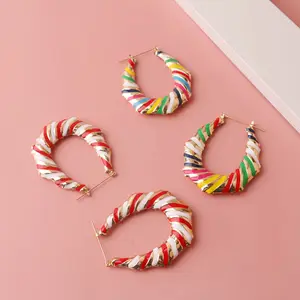 European and American big-name fashion alloy color painting oil earrings stitching striped bamboo hoop earrings women