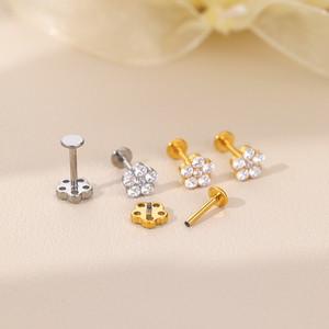 Fabriek Oem Odm Titanium Interne Schroefdraad 6 Ronde Zirkoon Bloem Platte Rug Oor Kraakbeen Piercing Sieraden Labret Lip Studs - Product Image 4