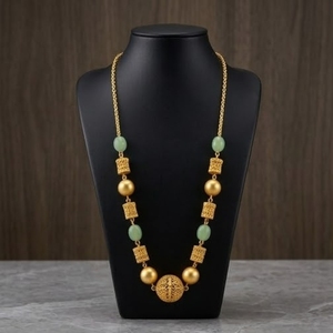 Antique 925 Silver <b>Necklace</b> with Light Green and Gold Beads Long Chain Mala <b>Statement</b> Jewelry for Women Wedding and Party Wear - Product Image 2