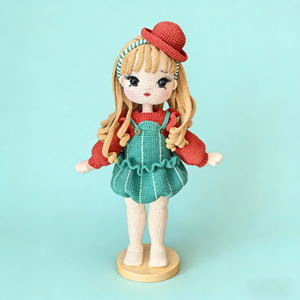 Muñeca Mila Tejida a Mano, con Sombrero Rojo y Vestido Verde con Tirantes, Pelo Largo Amarillo y Aproximadamente 32 cm de Altura - Product Image 3