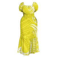 Robe sirène midi sur mesure pour femme, col carré, manches courtes bouffantes, taille haute, ourlet à volants, motif floral hibiscus tropical hawaïen