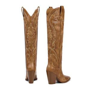 WETKISS <span class=keywords><strong>Bottes</strong></span> longues à talons épais et bon marché pour femmes <span class=keywords><strong>Bottes</strong></span> de cowgirl brodées au dessus du genou <span class=keywords><strong>Bottes</strong></span> de <span class=keywords><strong>cowboy</strong></span> <span class=keywords><strong>marron</strong></span> occidental - Product Image 3