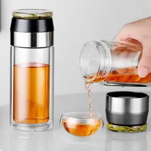 2022 simple morden 300ml sublimation clear double wall seperate cup leakproof borosilicate glass tea infuser water bottle