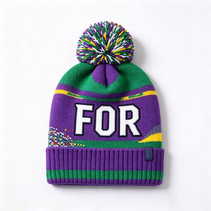 Colorful Striped <b>Pom</b> <b>Pom</b> <b>Beanie</b> Custom Jacquard Knit Acrylic Cuffed Winter Hat Embroidery Logo Unisex Adult Outdoor Wear - Product Image 2