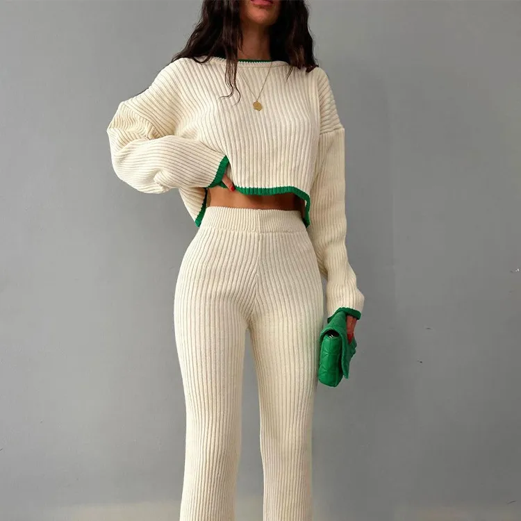 Autumn Round Neck Long Sleeve Short Top Knitted Contrasting Color Stitching Slit Trousers 2 Piece Suit Women's Sweater