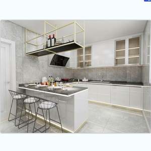 Yaman Luxury  Armoires de cuisine et de maison  Personnalisation de toute la maison  Fabricant d'armoires de cuisine blanches et dorées avec évier - Product Image 5