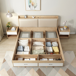 Phong cách hiện đại giường đôi với ngăn kéo lưu trữ da đầu giường phòng ngủ Bộ - Product Image 1