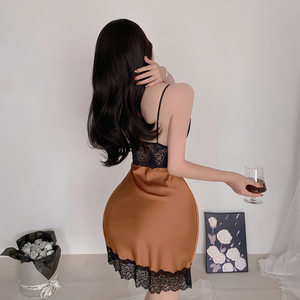 Camisón sin mangas con ribete de encaje satinado para mujer, diseño sin tirantes hasta la rodilla, ropa de dormir de verano de color sólido - Product Image 2