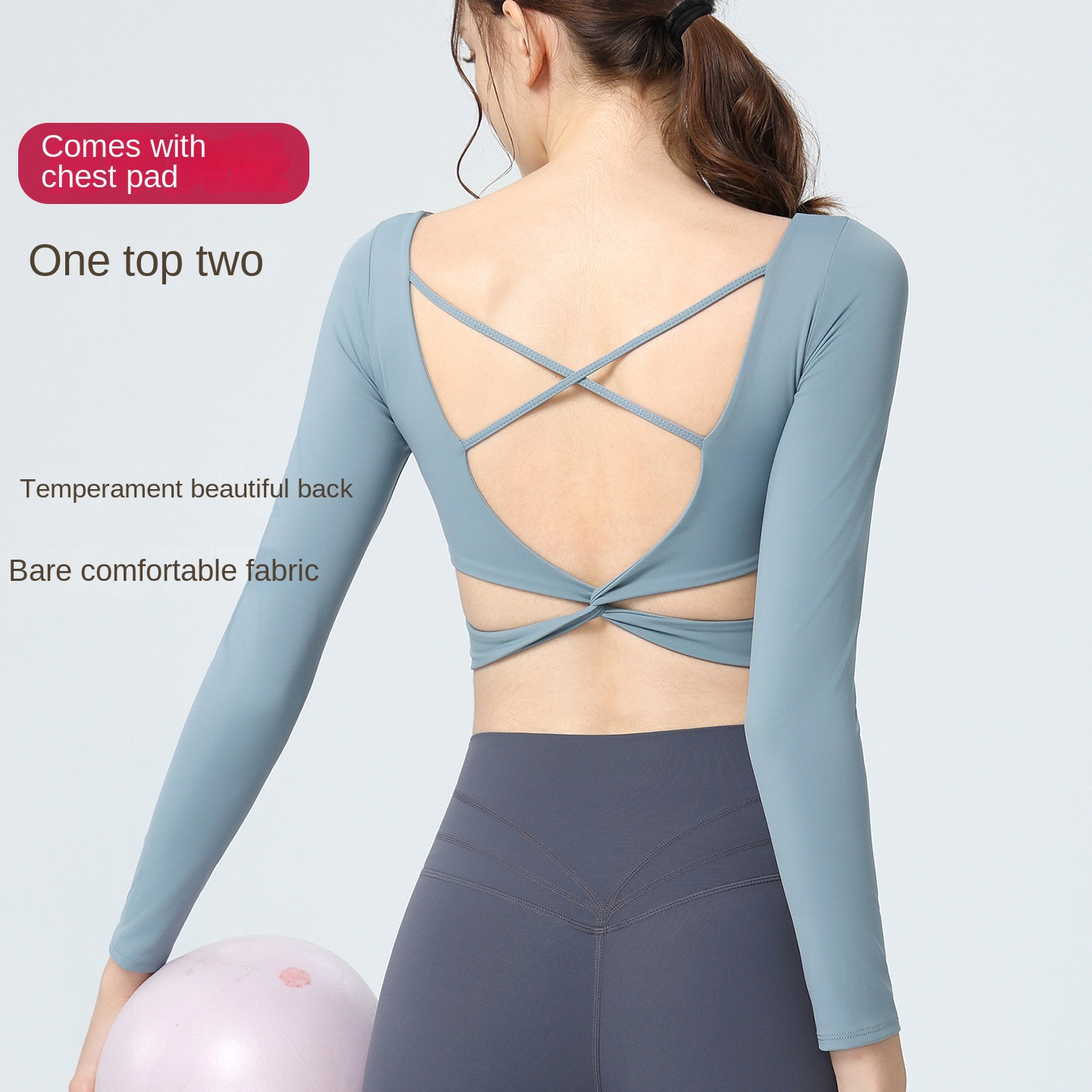 Yoga Clothing Women's Breathable Skinny Fit Chest Pad Sports Top Long Sleeve Running Pilates Training Fitness Crossover Sports