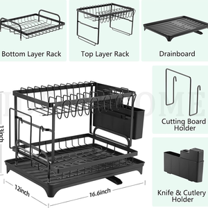 Escurridor de Platos Blanco de 2 Niveles, Rejilla Grande para Secar Platos con Bandeja de Drenaje, Escurridor de Acero Inoxidable con Desagüe y Soporte para Utensilios - Product Image 5
