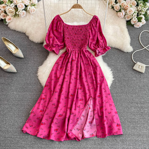2023 Premium verano nuevo estilo francés suave dulce cuello cuadrado Puff manga corta cintura ajustada adelgazamiento hendidura A-Line <span class=keywords><strong>vestido</strong></span> Casual - Product Image 1