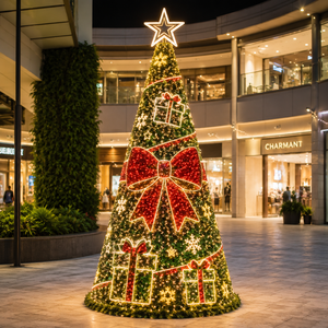 Árbol de Navidad LED Cónico Verde Clásico ODM OEM con Pequeños Lazos Rojos y Luces Blancas Cálidas para Tiendas Minoristas - Product Image 2