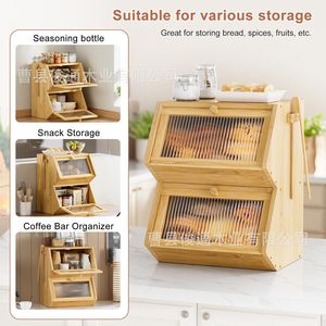 Boîte de rangement pour pain en bois de bambou, double couche, avec couvercle en acrylique, support de comptoir de cuisine pour toasts et gâteaux - Product Image 4